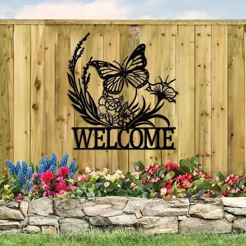 Copper metal animal silhouette welcome board wall mounted with butterfly design on courtyard door