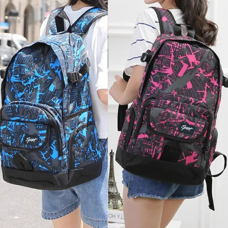 Classic red or blue nylon backpack with large main compartment for school and travel