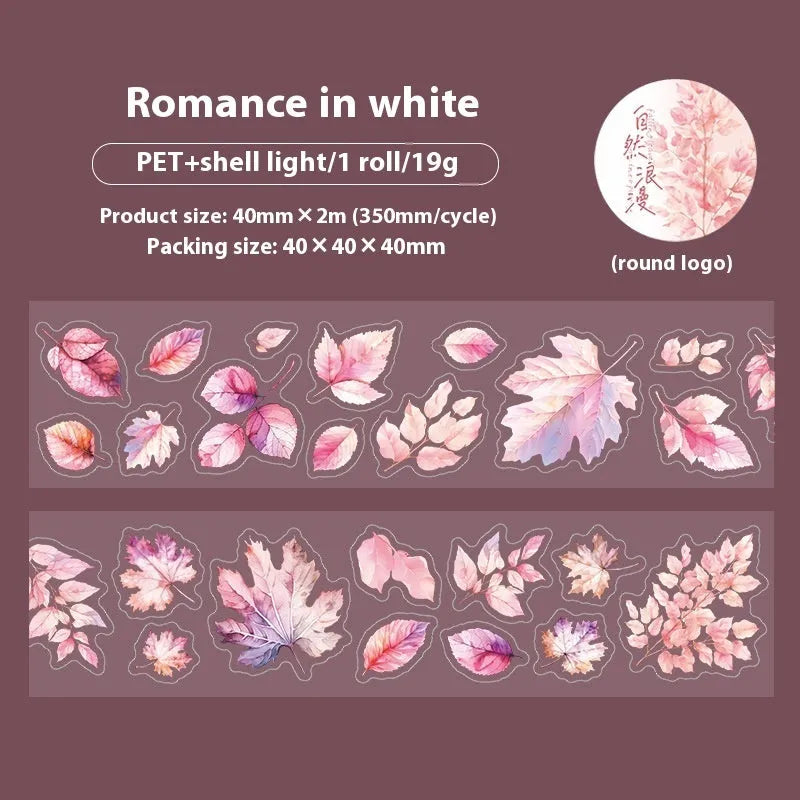 Deciduous Poetry Series PET decorative sticker roll showing six autumn leaf colour designs on 40mm wide material