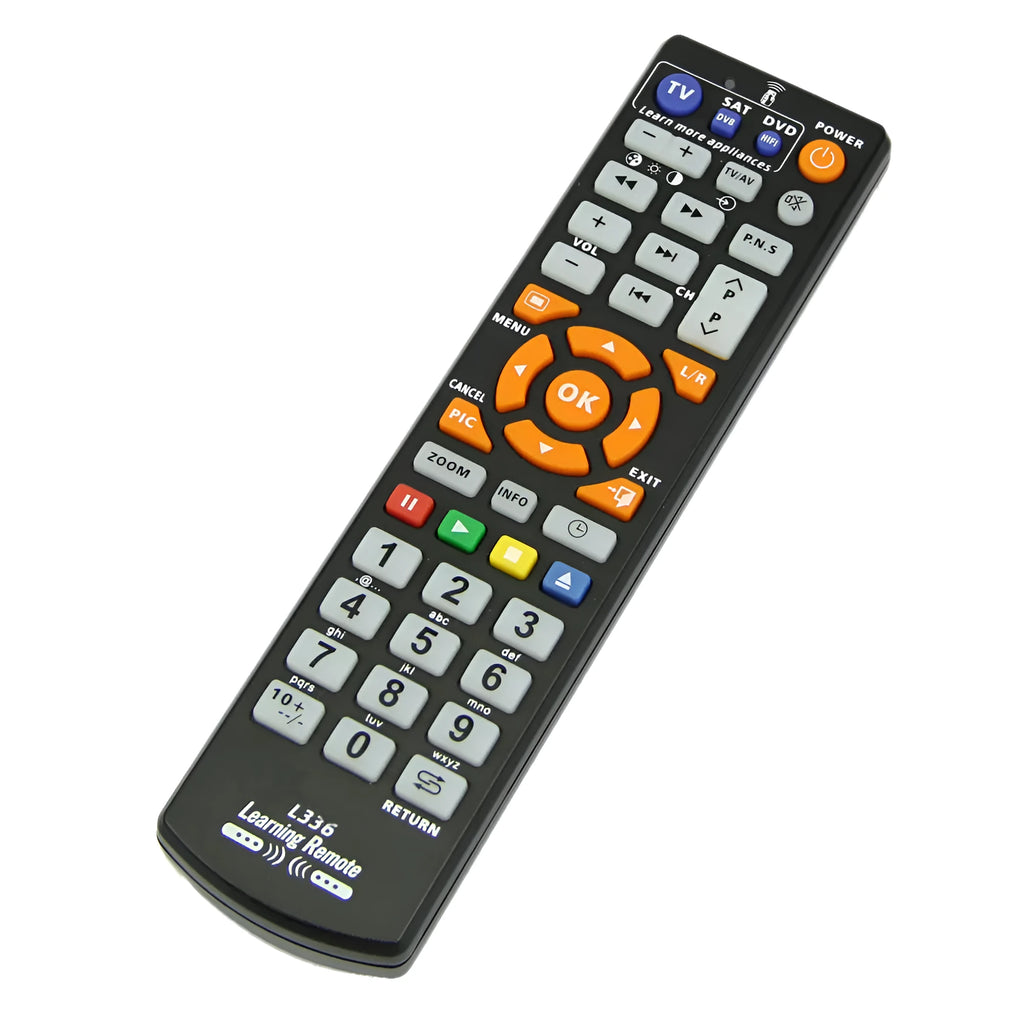 Black L336 learning remote control with infrared sensor and standard button layout
