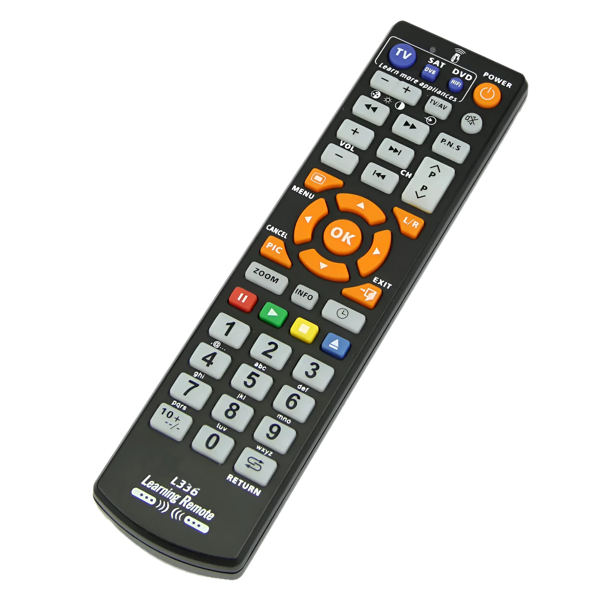 Black L336 learning remote control with infrared sensor and standard button layout