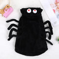 Dog wearing a black and red polyester Halloween costume with a full-body spider print.