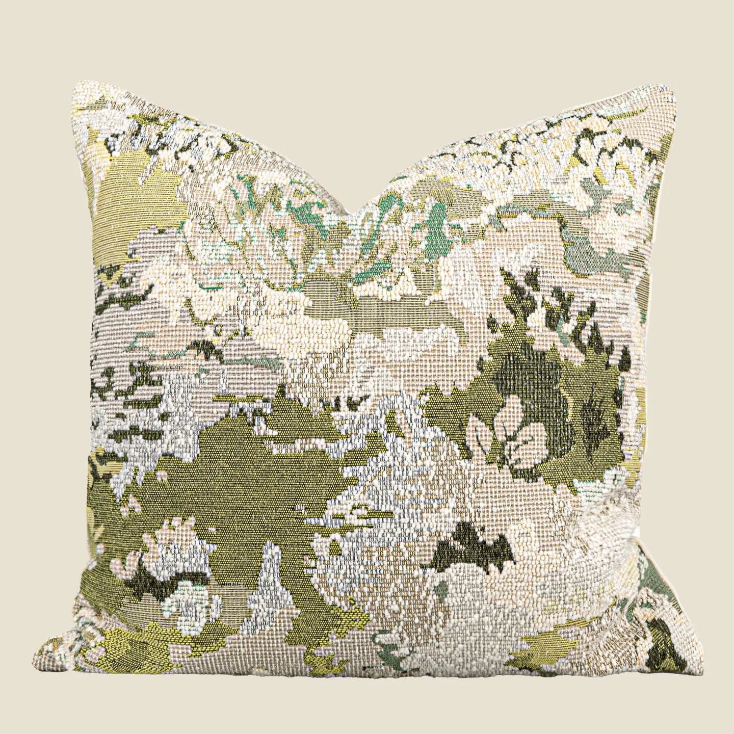 Antique green feather velvet pillowcase with abstract floral embroidery, shown in 50x50cm square size.