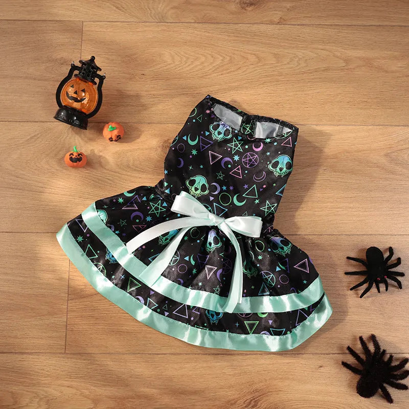 Colourful Halloween dog skirt with pumpkin or skull design, double-layer polyester construction