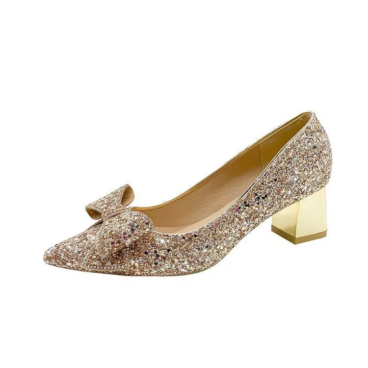 Crystal sequin chunky heel pointed-toe pumps in gold with 4.5cm heel