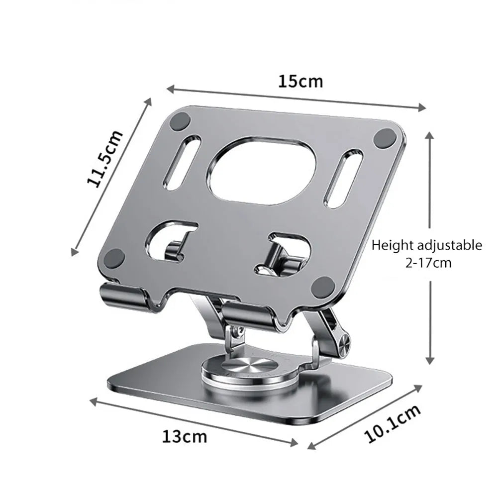 Rotating flat tablet stand in Technology Silver with aluminium plate and metal base on desk