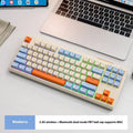 Free Wolf M87 wireless dual-mode keyboard in blueberry colour on a desk with USB receiver and cable.