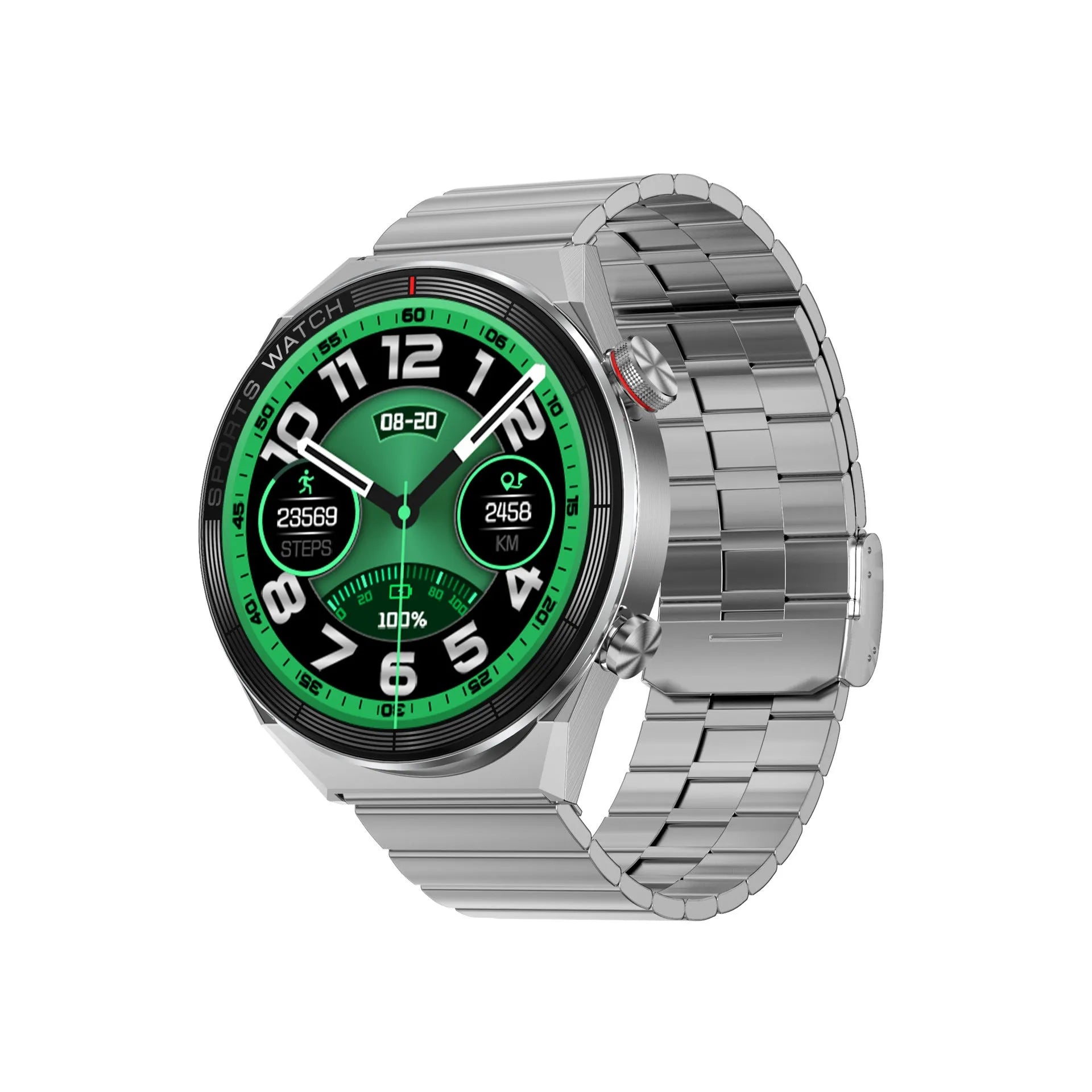 Large screen Bluetooth smart watch with call function shown in black or silver with leather, silicone, and steel strap options.