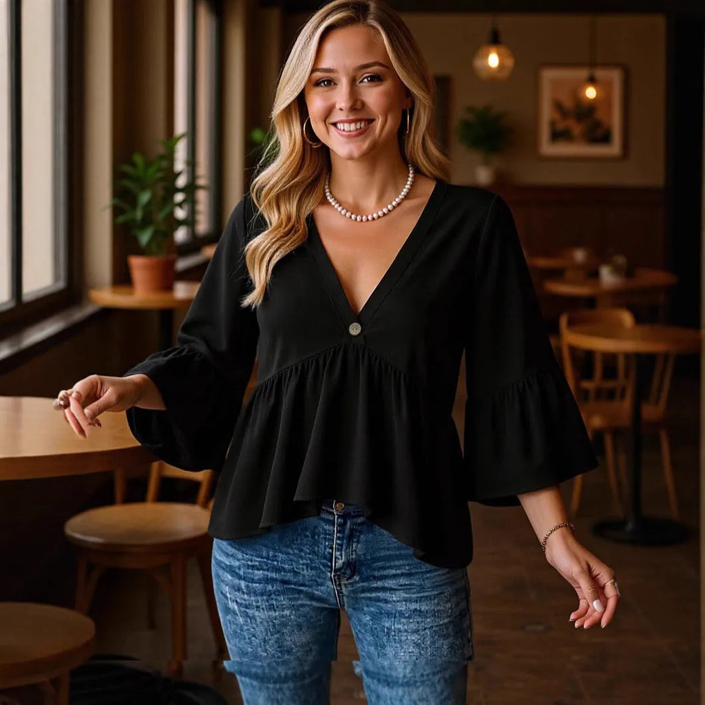 Women's solid black polyester shirt with seven-point flared three-quarter pleated sleeves