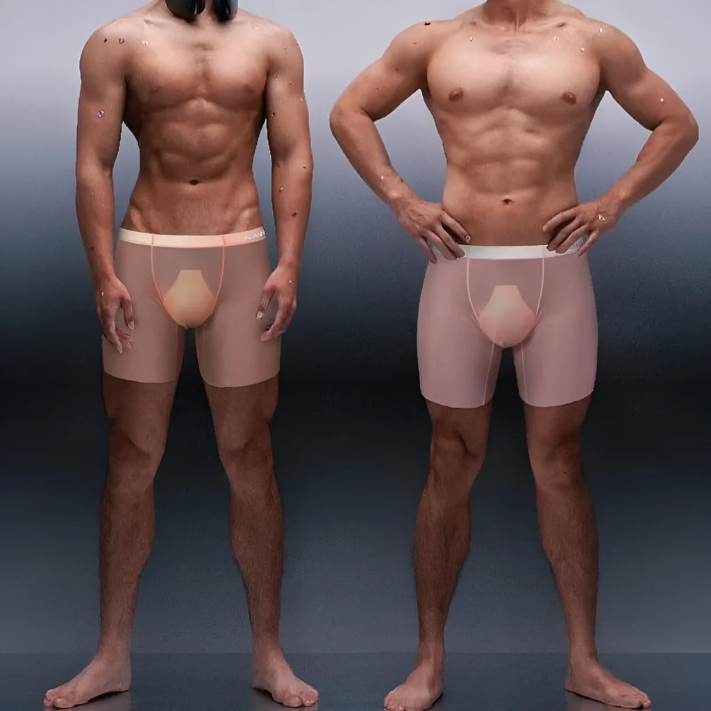 Men's seamless low waist nylon boxer shorts in orange colour with hip-lifting design