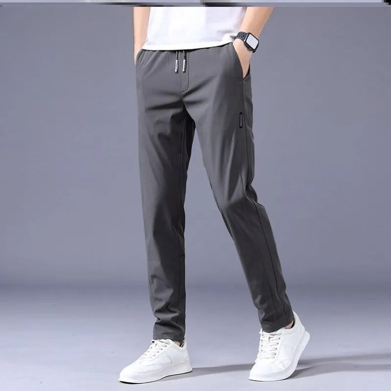 Men's Khaki drawstring trousers with loose straight leg and elastic waist, Korean casual style