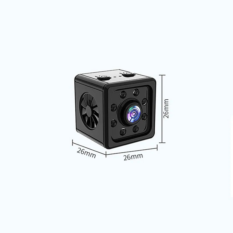 Black cubic network sports camera with mounting bracket on flat surface