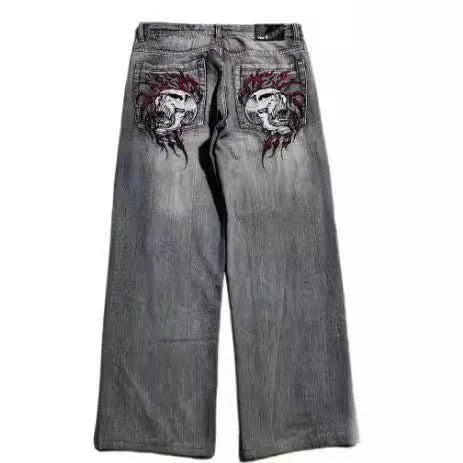 Men's grey wide-leg jeans with washed-out retro workwear design and straight-leg silhouette