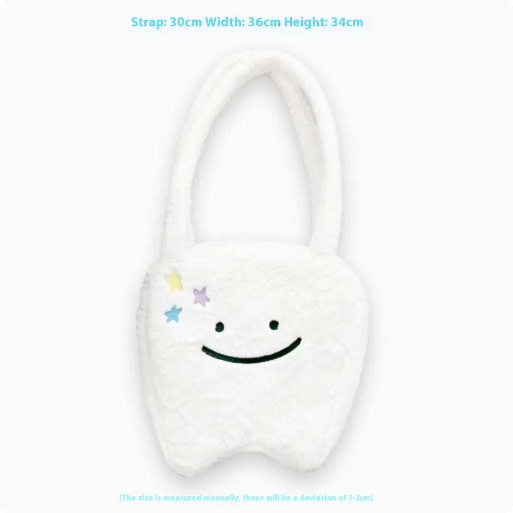 White plush shoulder tote bag with cute teeth pattern design and zipper closure