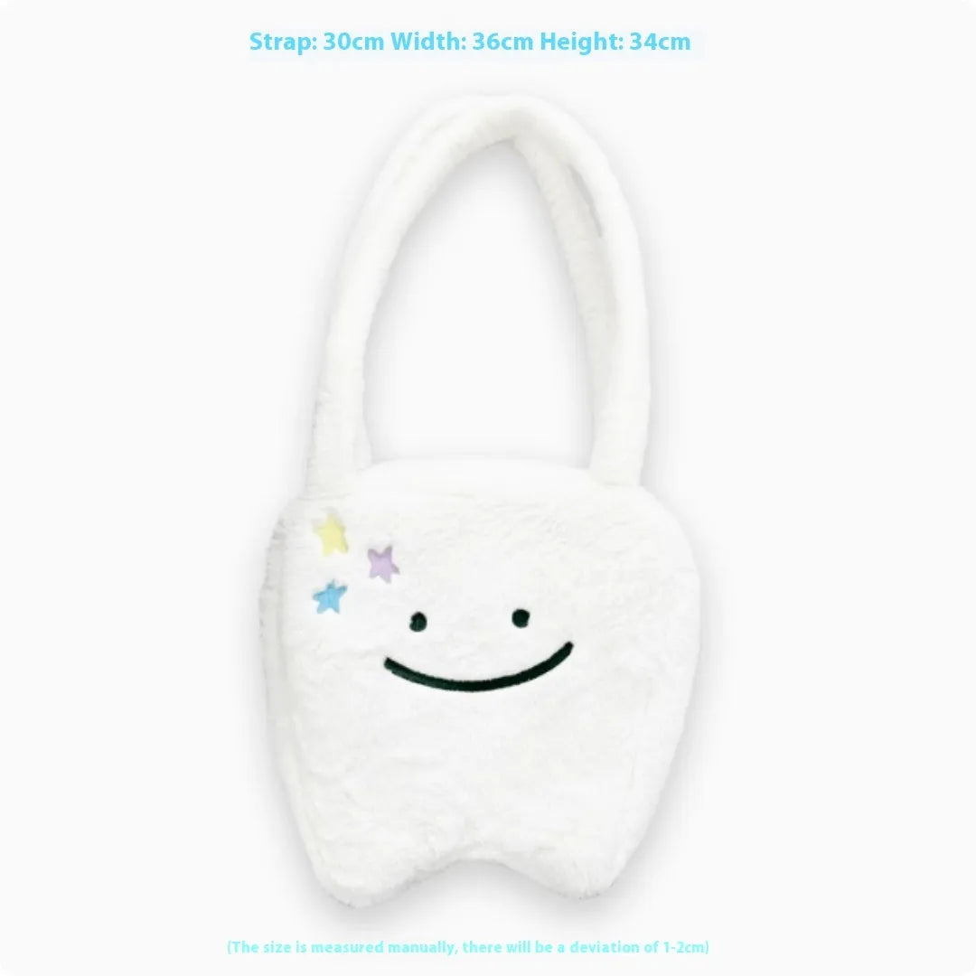 White plush shoulder tote bag with cute teeth pattern design and zipper closure