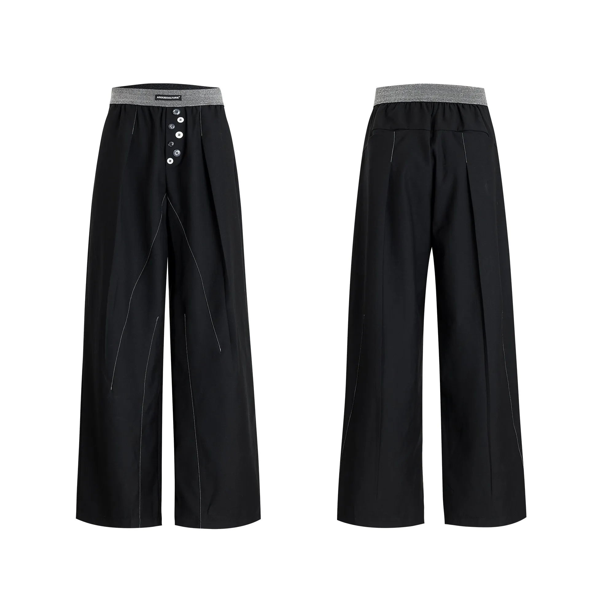 Men's high-waisted straight-leg casual trousers in black with button fly front, showing relaxed fit.
