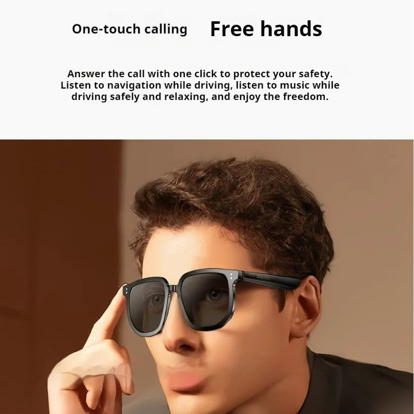Black AI smart glasses with Bluetooth audio and sunglass lenses on a head-mounted display.