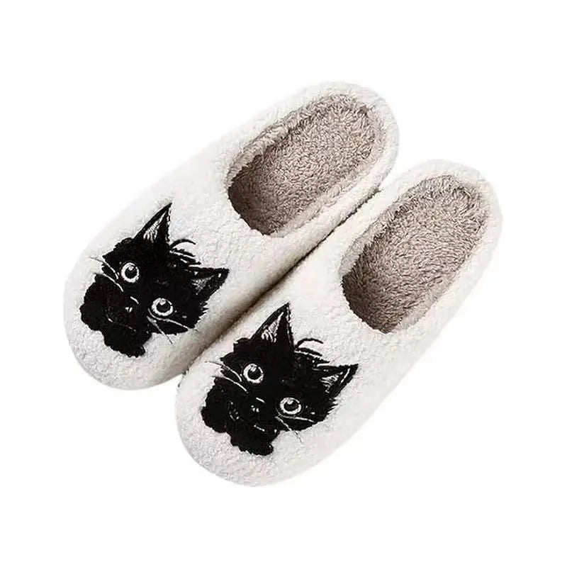 White plush cartoon black beard cat couple cotton slippers for adults with non-slip soles.