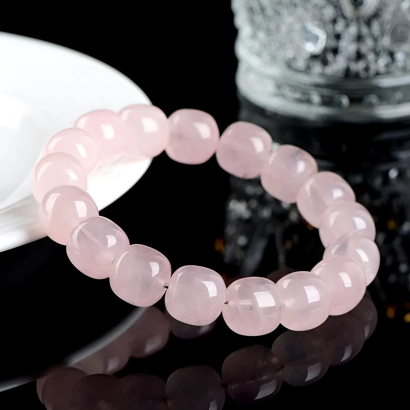 Pink crystal barrel bead bracelet with 11x12mm geometry beads and grinding finish