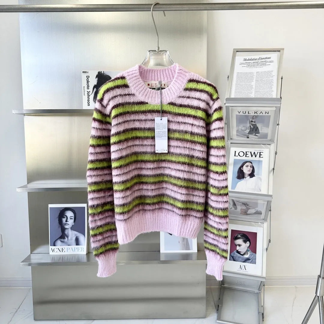 Pink wool knitted cardigan sweater showing cardigan and round-neck pullover style options