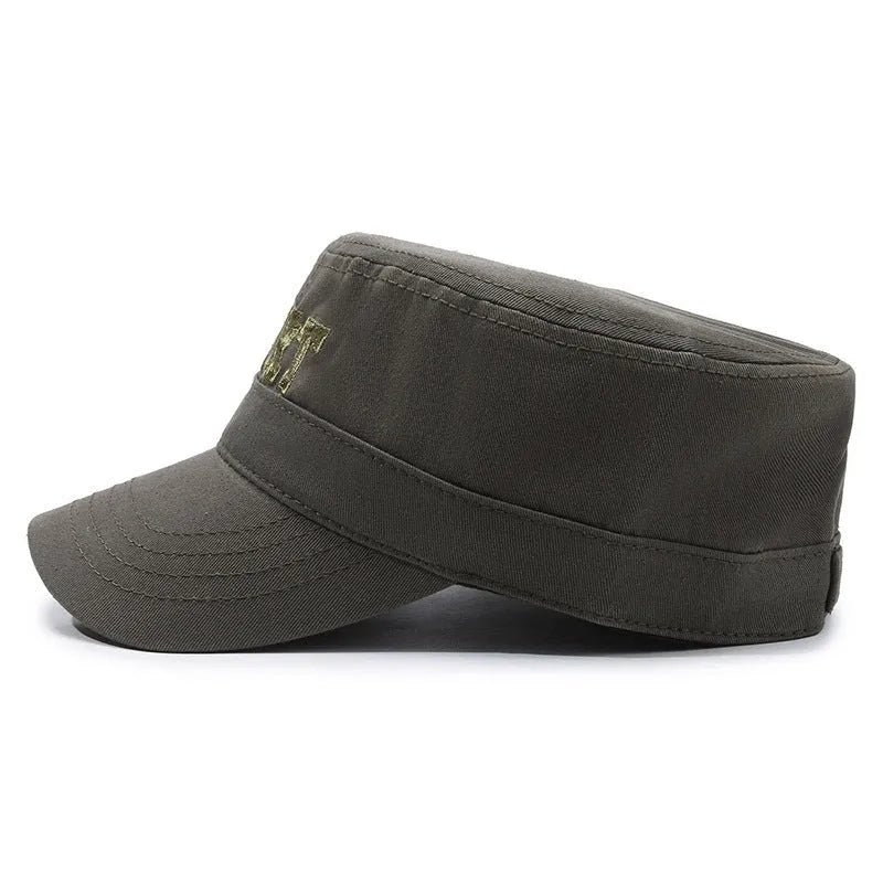 Men's adjustable cotton flat-top peaked cap in army green colour with dome crown.