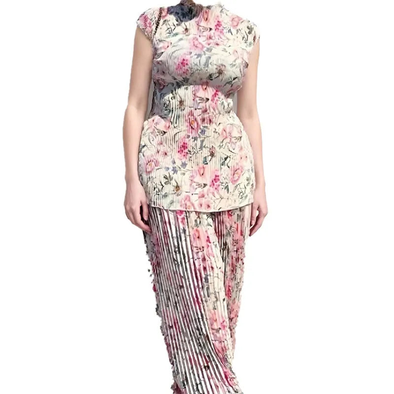 Printed chiffon dress set with matching top showing high waist design and long sleeves