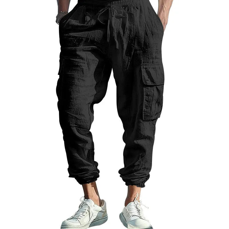 Men's linen casual trousers with ankle-tied legs and multi-pockets in Army Green colour