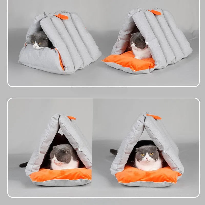 Blue triangular cat bed with removable cotton cover and connecting drill holes
