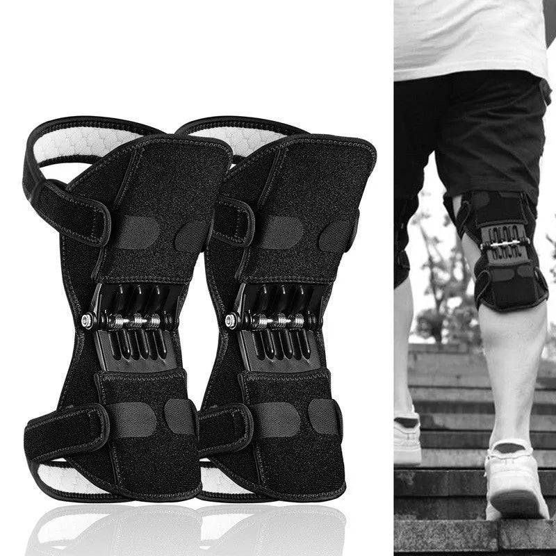 Black spring knee brace with adjustable straps on a grey background
