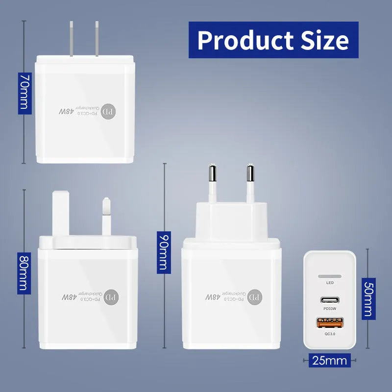 PD48W fast charging travel charger with GaN technology showing black and white options for US, UK, EU socket types