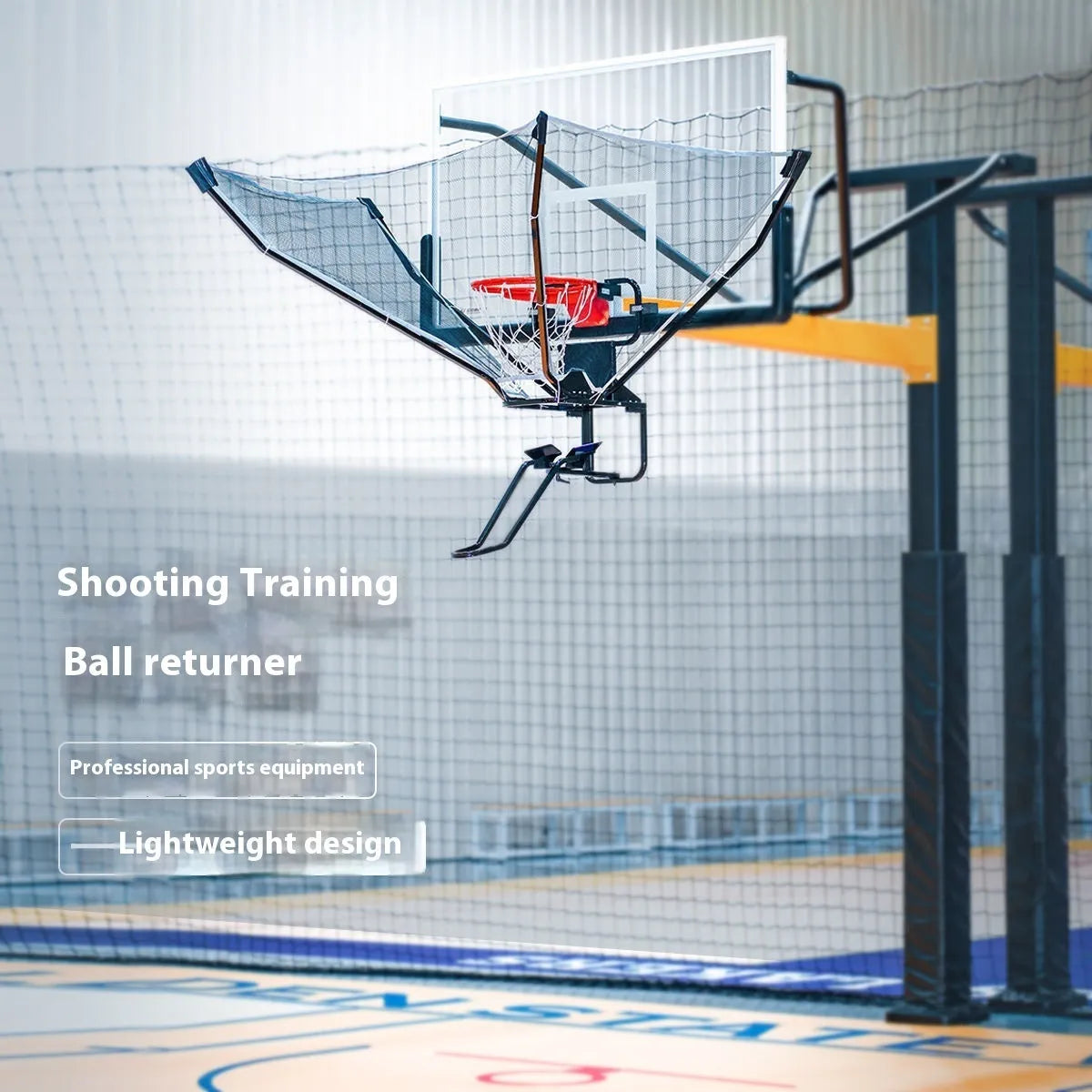 Continuous pitching automatic basketball shooting trainer with ball return function hanging from ceiling