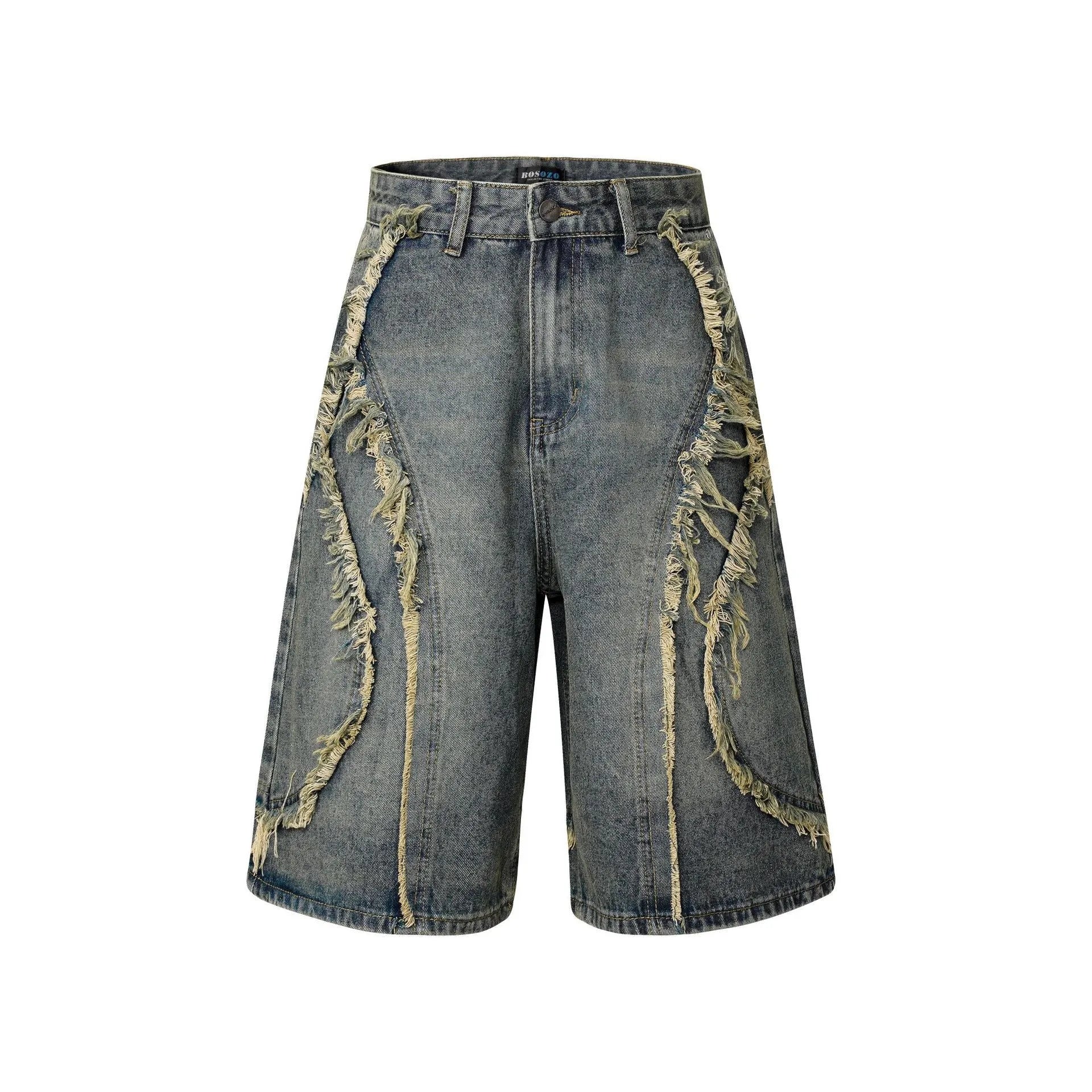 Distressed raw edge denim shorts in a straight cropped fit, shown in black, dark blue, and light blue.