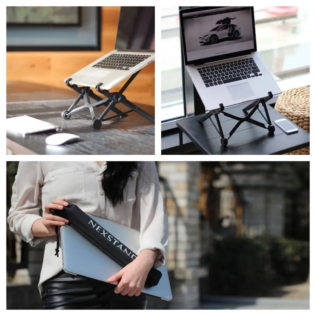 Sagacious black portable folding computer bracket with one-touch lifting mechanism and carrying case