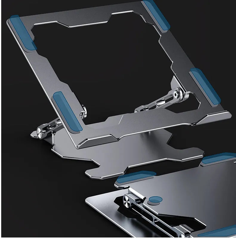 Grey adjustable aluminium laptop stand with hollow design, shown holding a silver laptop.