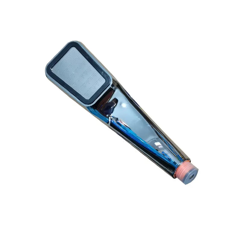 Orange hand-held pressurised shower head with rain function, part of a complete shower set