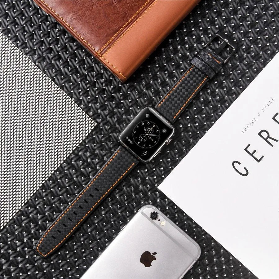 Carbon fibre pattern leather iPhone watch strap and matching hard shell case in four colour options