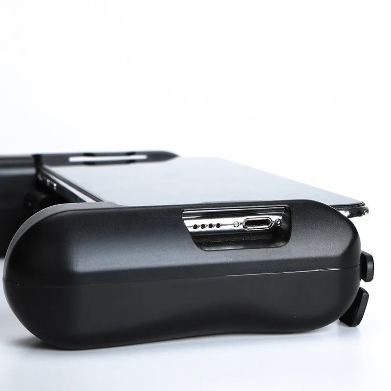 Black cooling Bluetooth game controller for iPhone, model P2, shown next to a mobile phone.