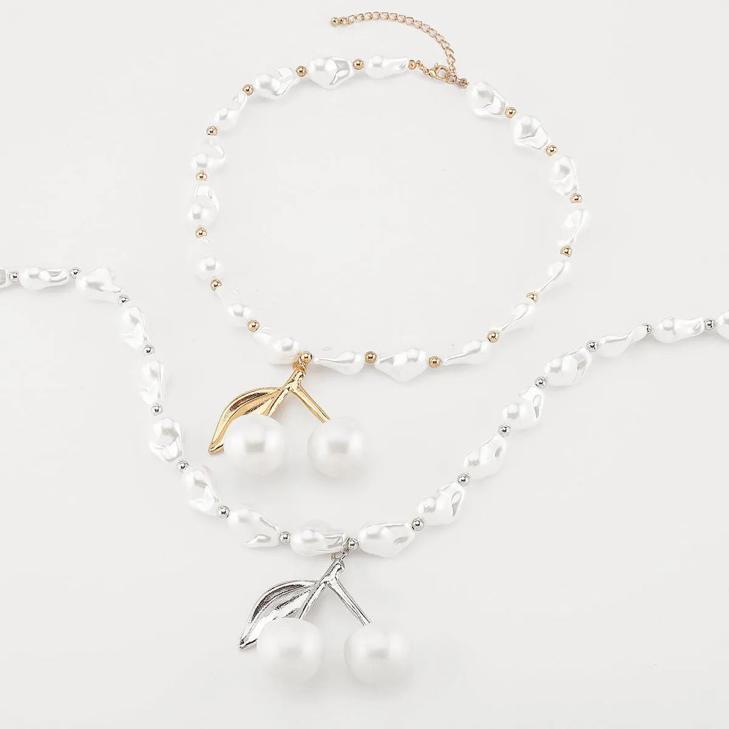 Creative pearl cherry fruit necklace for women with adjustable alloy chain in gold or white K finish