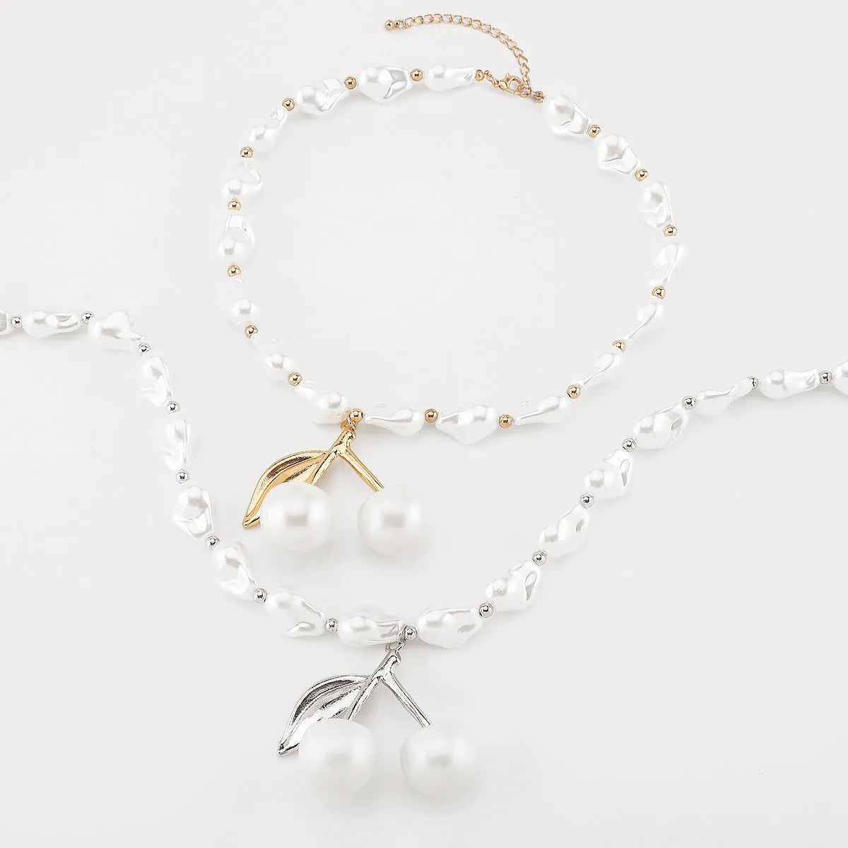 Creative pearl cherry fruit necklace for women with adjustable alloy chain in gold or white K finish