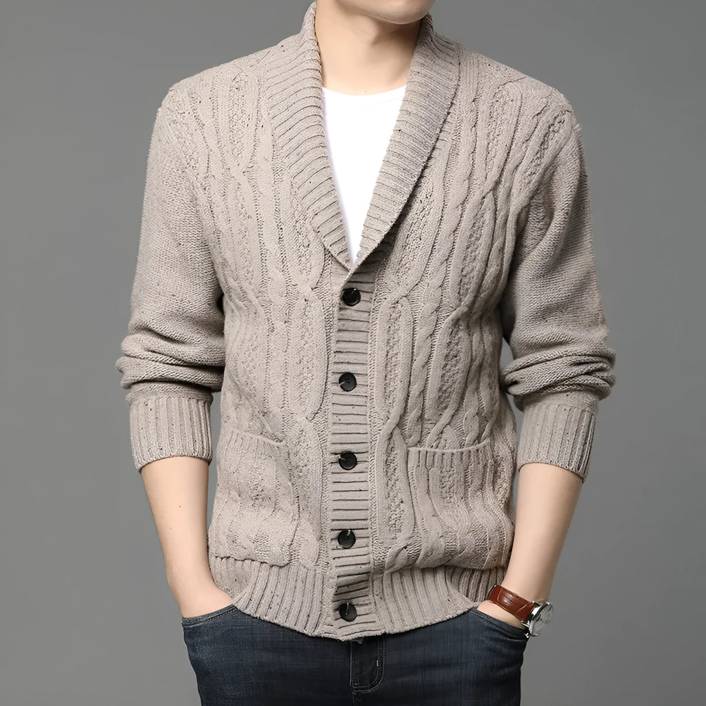 Men's Korean style jacquard pattern knitted cardigan jacket in a straight cut.