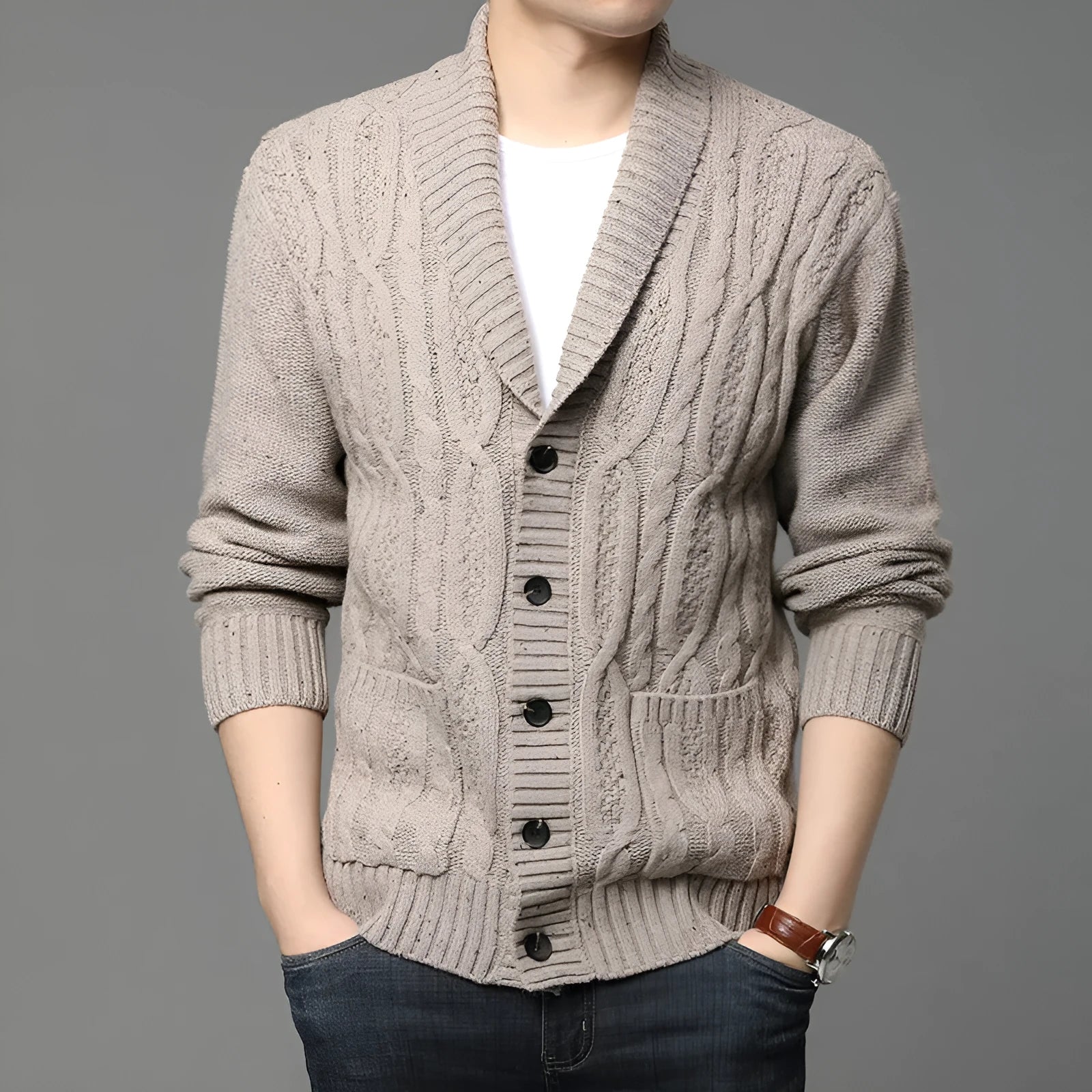 Men's Korean style jacquard pattern knitted cardigan jacket in a straight cut.