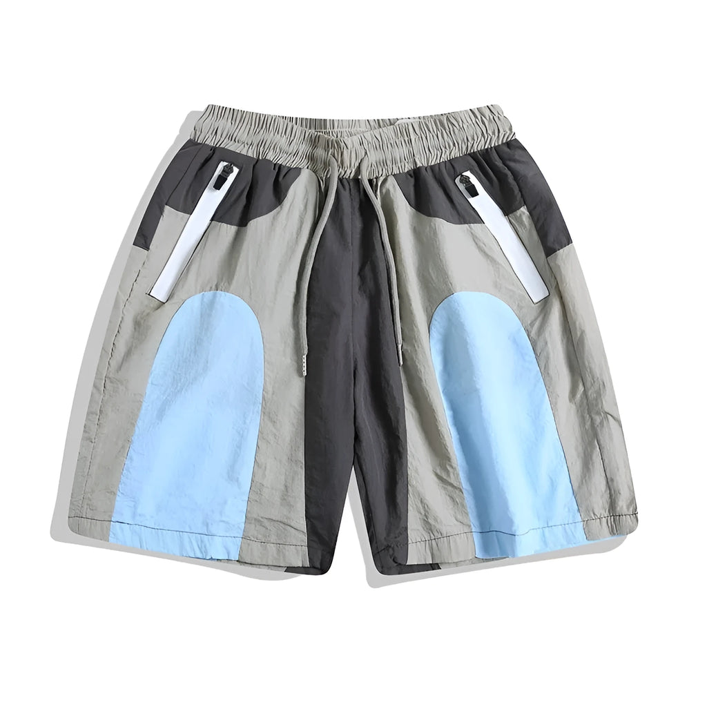 Blue patchwork men's sports shorts with elastic waistband and straight-leg design