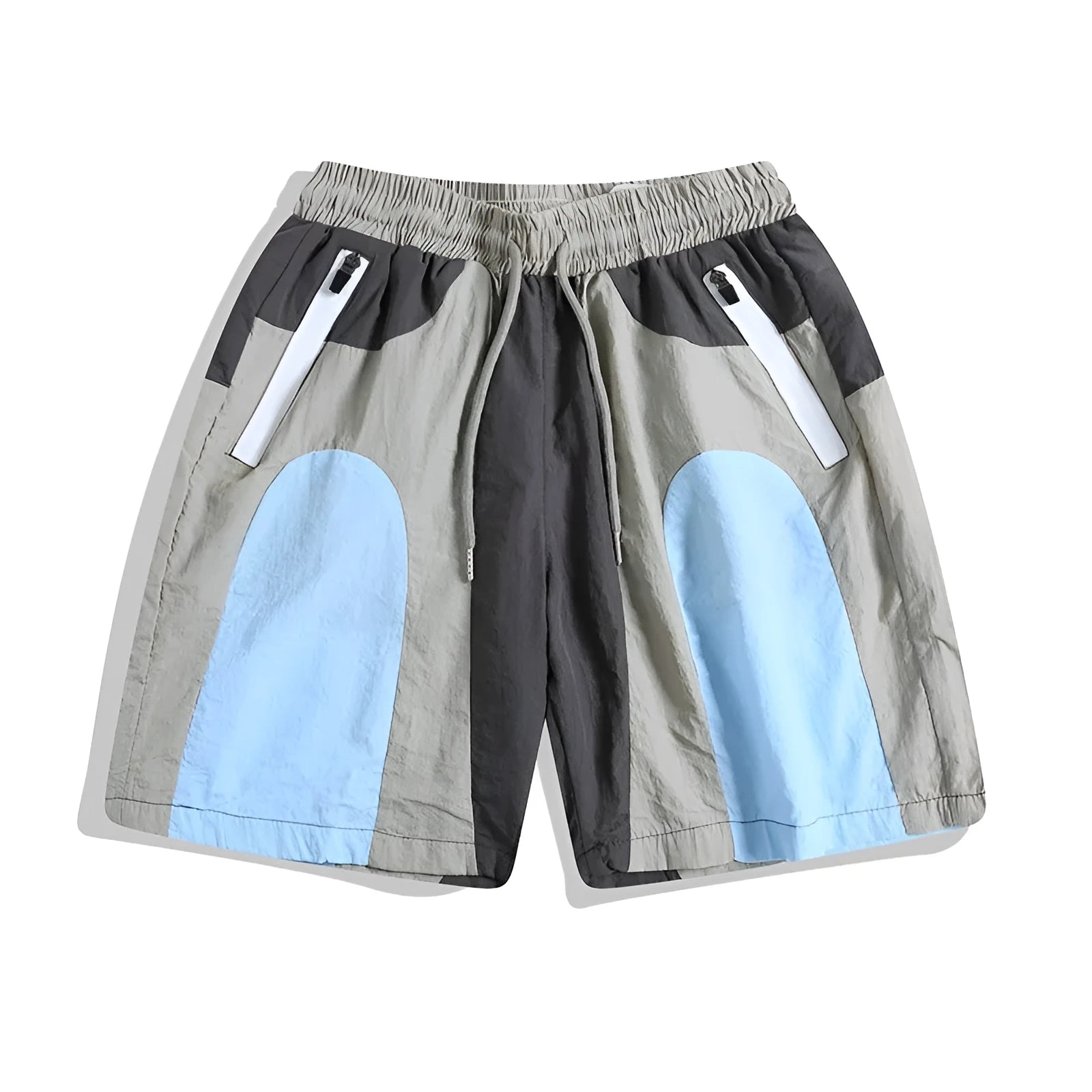 Blue patchwork men's sports shorts with elastic waistband and straight-leg design