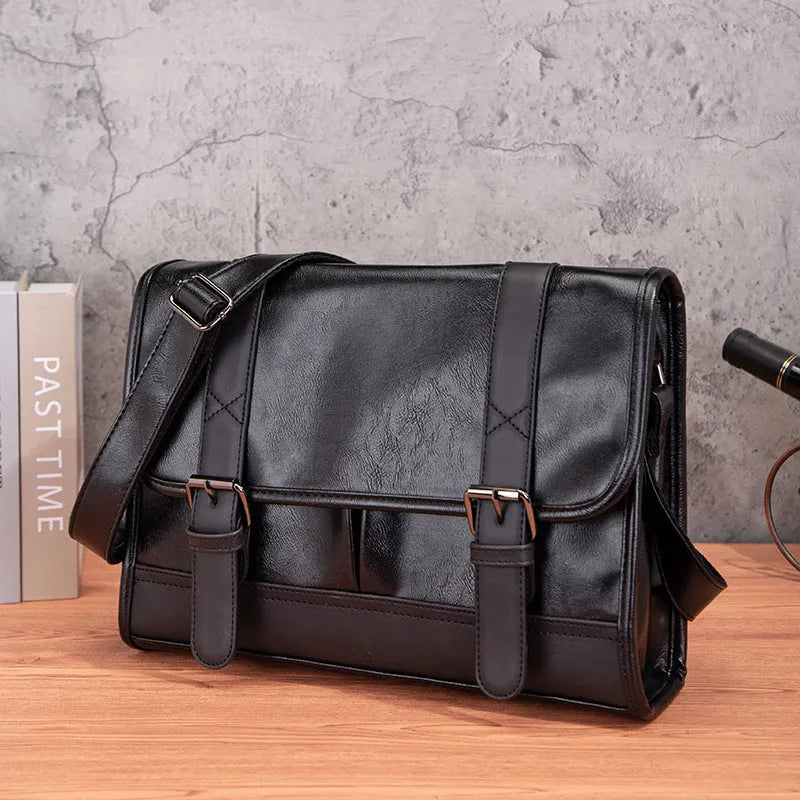 Black Korean style men's commuter backpack with anti-theft function and sewing thread detailing