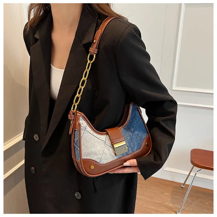 Brown denim women's shoulder bag with diamond mesh overlay and chain detailing