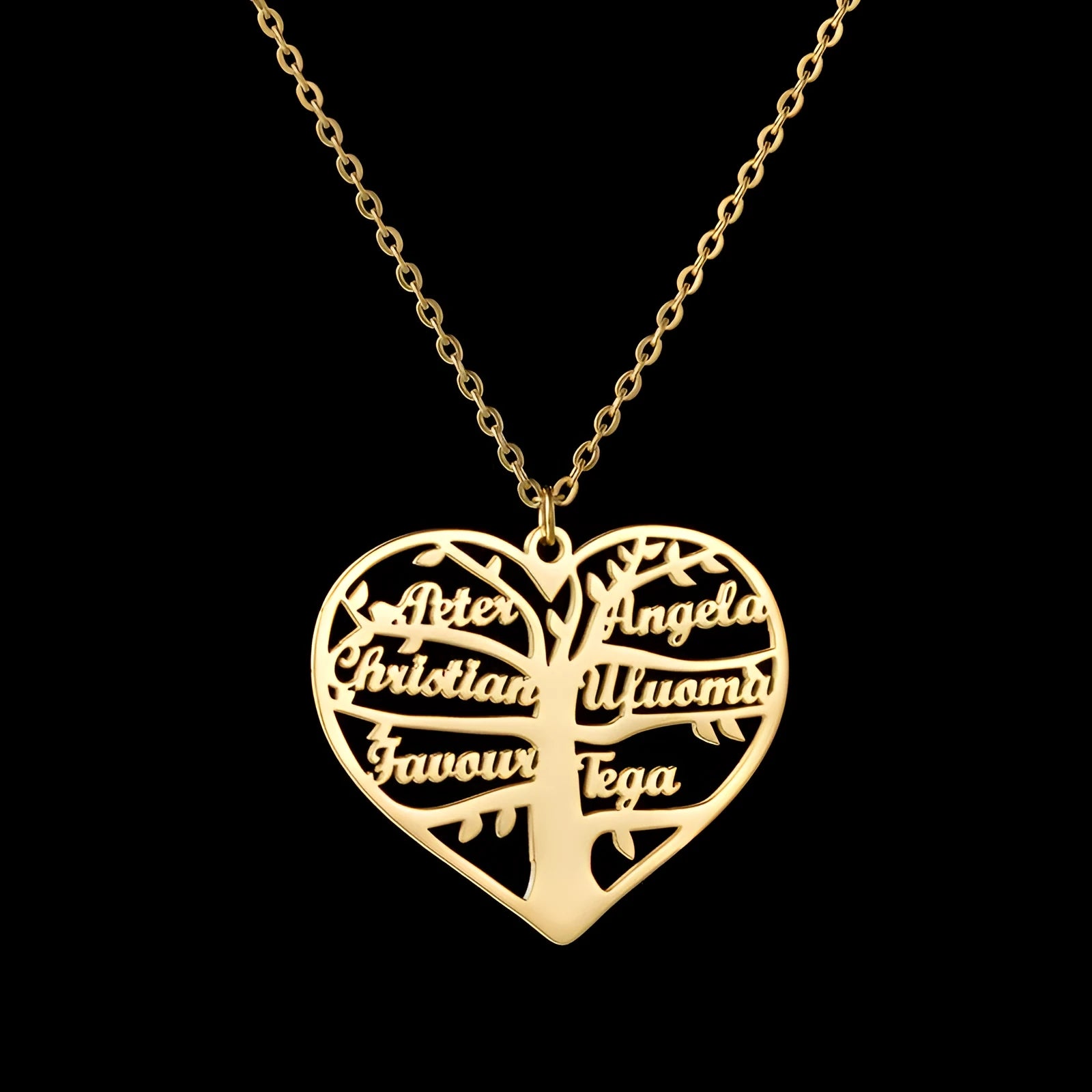 Personalised stainless steel necklace with hollow heart and family tree pendant customised with names.