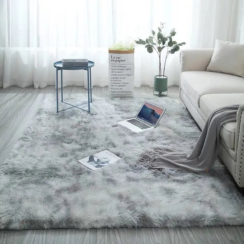 Long hair tie-dyed gradient polyester carpet in a living room setting showing soft texture and colour transition