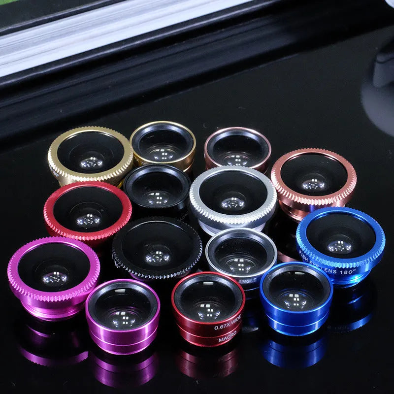 Mobile phone camera lens kit with three external lenses including 0.67X fisheye, macro and external lenses