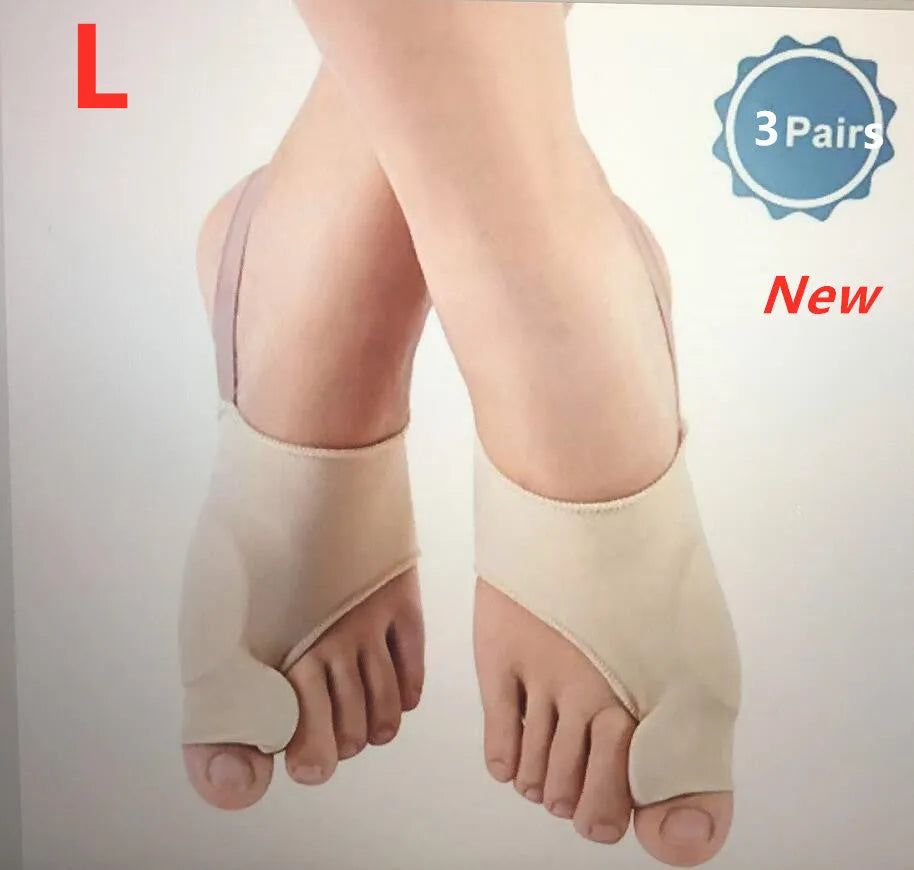 Corrective bunion sock with silicone gel toe separator shown in sizes S, M, and L on a foot diagram.