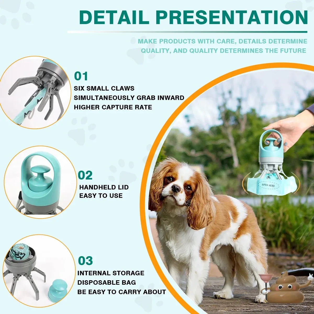 Blue ABS plastic pet pooper scooper with claw mechanism and included garbage bag roll